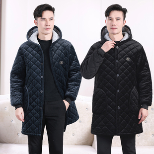 男士中长款连帽子加绒加厚棉服宽松200斤加肥加大码冬季保暖外套