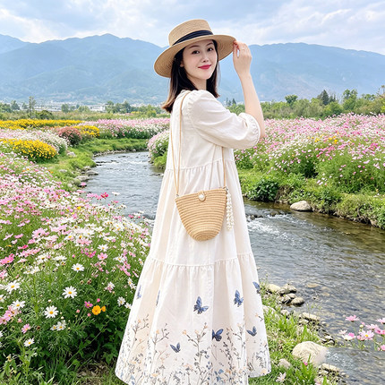 夏季棉绸碎花连衣裙女夏季薄款V领半袖蛋糕裙宽松显瘦气质大摆裙