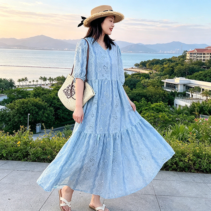 夏季棉绸碎花连衣裙女夏季薄款V领半袖蛋糕裙宽松显瘦气质大摆裙