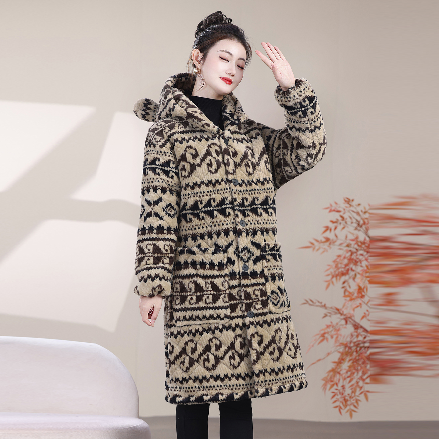 费尔岛风冬季加绒连帽中长款棉衣