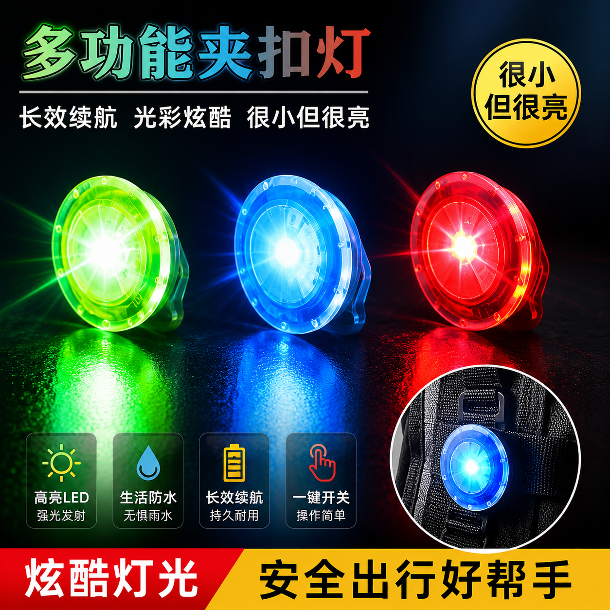 炫彩夹扣灯户外多功能防水便携LED鞋夹背包灯自行车辐条灯警示灯