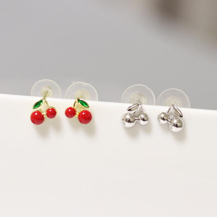红色樱桃耳钉小巧百搭简约气质银色樱桃耳饰日韩新款92纯银针耳环