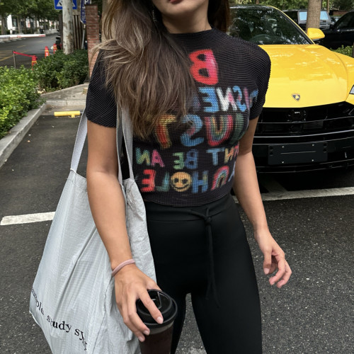 欧美风彩虹撞色街头风修身半高领性感百搭潮牌短袖T恤女