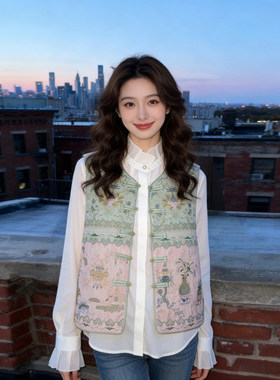 重工刺绣新中式粉绿色圆领盘扣马甲女2026春国风精致减龄叠穿坎肩