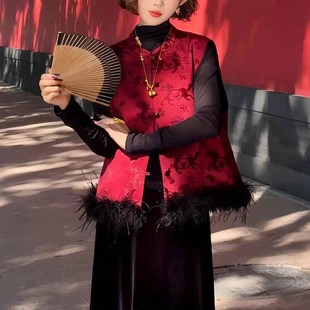 新中式国风红色夹棉马甲女秋冬季百搭休闲显瘦超好看毛毛保暖上衣