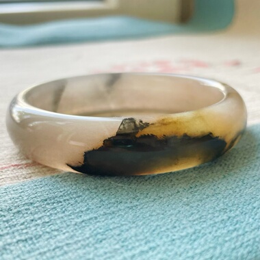 灵玥美玉新疆地产天然金丝玉水墨画手镯青花玉手镯文艺复古