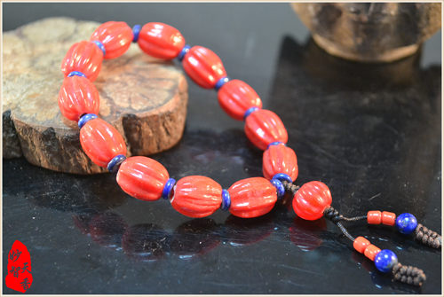 妙智天香手工 老料珊瑚色瓜棱琉璃珠 12+1颗佛珠手链 一物一拍