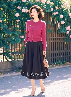 【套装】初春圆领氛围感时尚针织上衣高腰垂感半身裙女99381+Q26