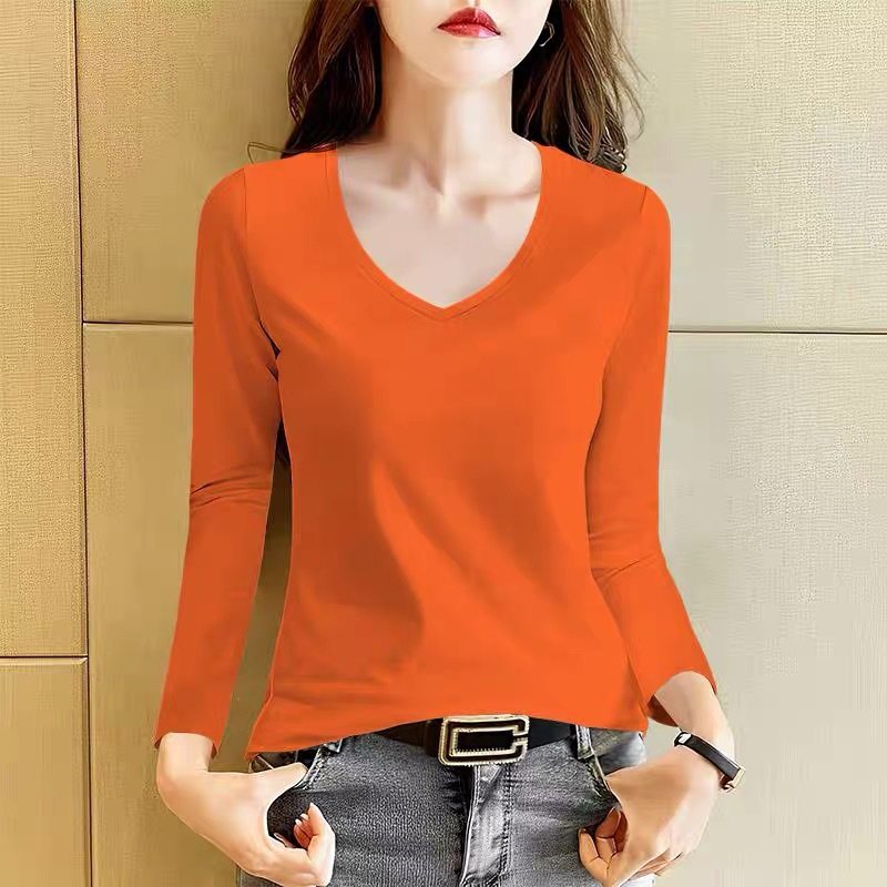 桔色打底衫女秋冬洋气纯色内搭长袖t恤早秋紧身弹力v领上衣ins潮