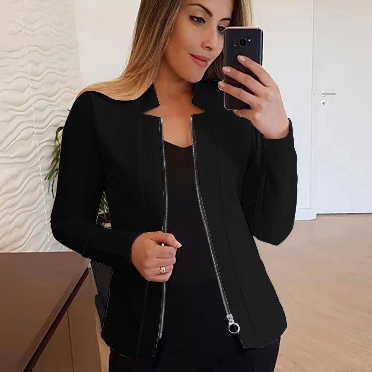 2025跨境秋冬女装外套亚马逊独立站宽松休闲纯色拉链长袖西装上衣
