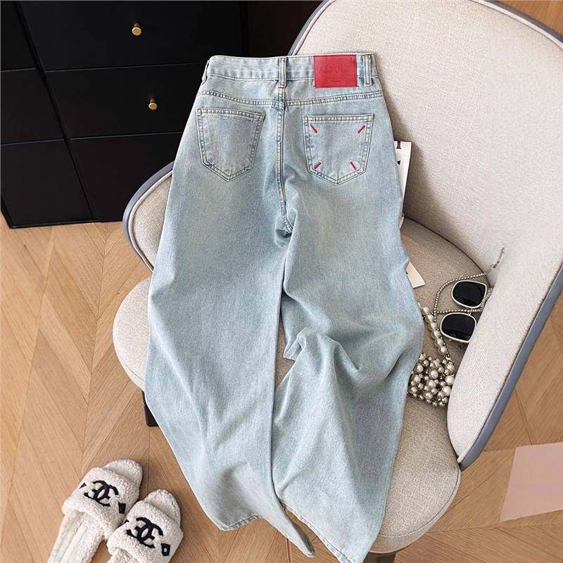 窄版高腰冰川蓝阔腿牛仔裤女2025年夏季新款刺绣宽松小个子直筒裤