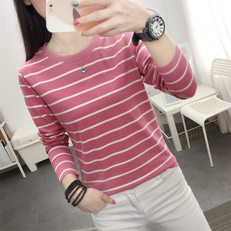 纯棉长袖t恤女 2024新款秋衣外穿大码条纹上衣中老年人妈妈打底衫