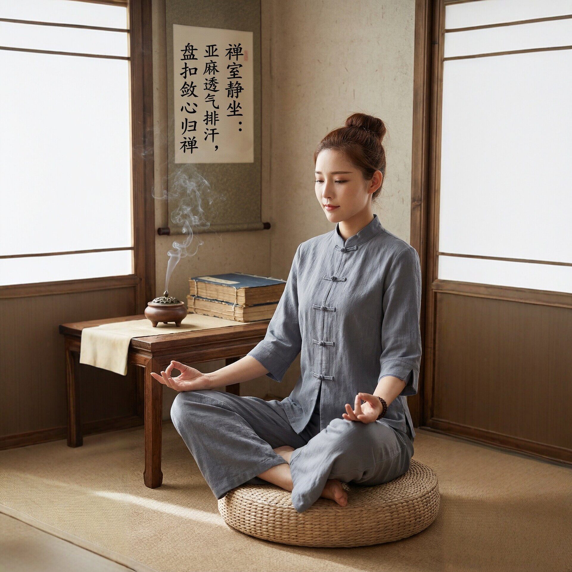 新中式禅服女春秋国风盘扣套装工作服亚麻茶服居士服大码禅修服装