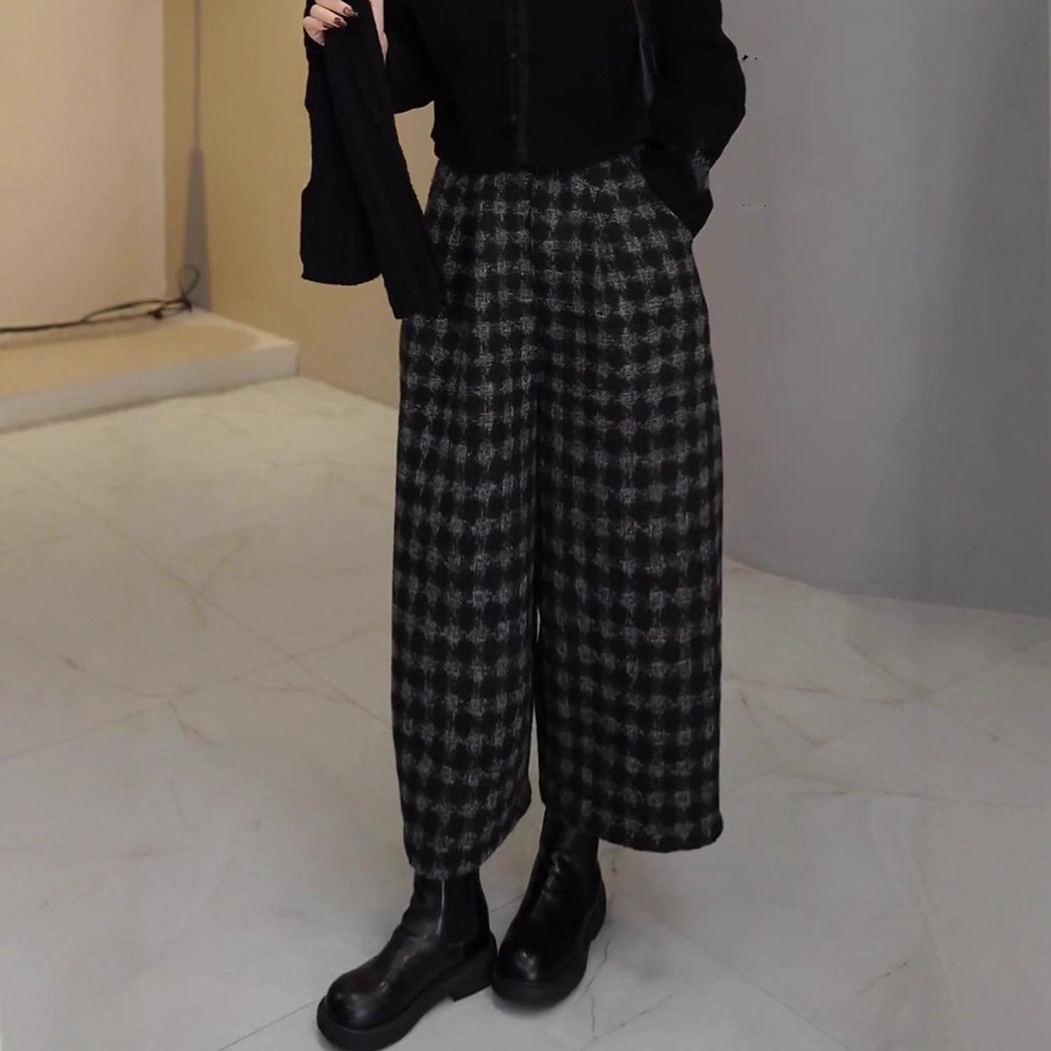 2025年秋冬新款韩版加厚宽松显瘦九分裤黑色复古格纹毛呢阔腿裤女,女装/女士精品,休闲裤,淘宝优惠券,粉丝福利购,淘宝优惠卷