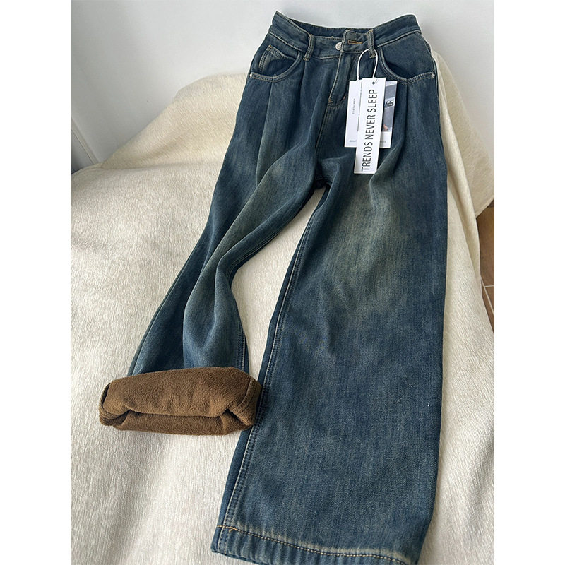 加绒阔腿牛仔裤女冬季2024新款大码胖mm慵懒高腰复古宽松直筒裤子