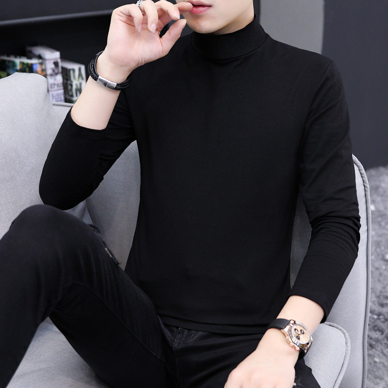 春秋季长袖男士高领薄款纯棉t恤打底衫男装休闲上衣青年纯色长衫