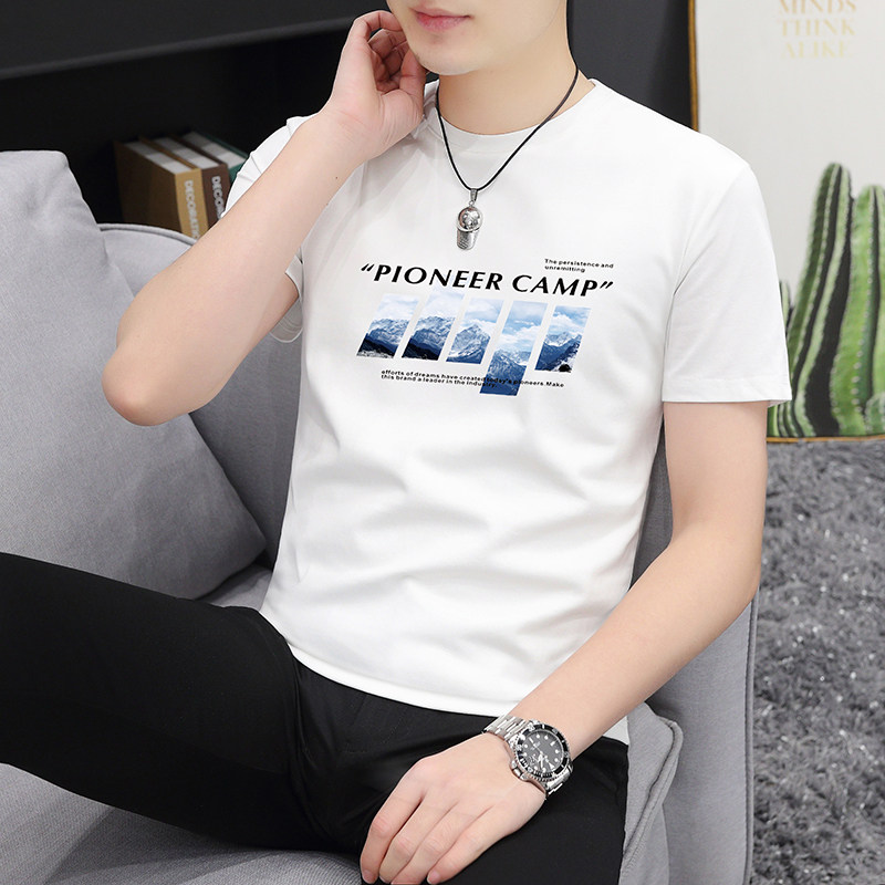 男士圆领短袖T恤白色印花修身帅气轻熟风上衣夏季薄款汗衫半袖潮