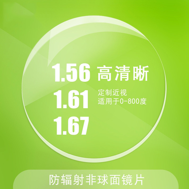 1.56 1.61 1.67加硬绿膜树脂非球面近视眼镜片防辐射光学镜片