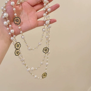 叠带珍珠长款项链女韩版镂空花朵秋冬毛衣链服装配饰玫瑰花挂件