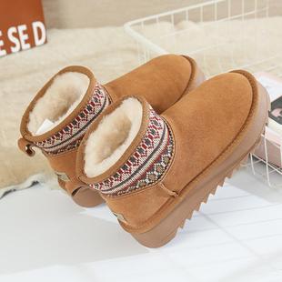 雪地靴女真皮新款 皮毛一体厚底增高羊毛靴子加绒加厚短筒保暖棉鞋