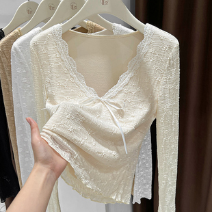 加绒打底衫秋冬短款内搭低领显身材小衫女独特绝美蝴蝶结v领蕾丝