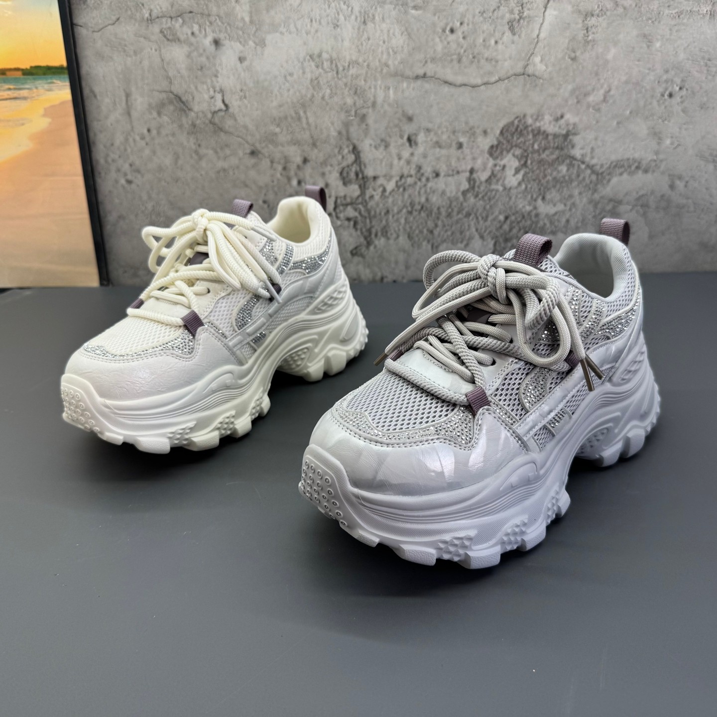 2026春季新款撤柜断码真皮松糕厚底小个子增高烫钻网面老爹鞋女鞋,女鞋,时尚休闲鞋,淘宝优惠券,粉丝福利购,淘宝优惠卷