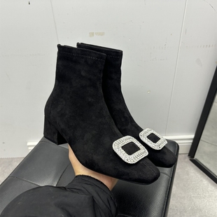 后拉链方头瘦瘦靴加绒保暖弹力靴优雅短靴 新款 撤柜断码 2025秋冬季