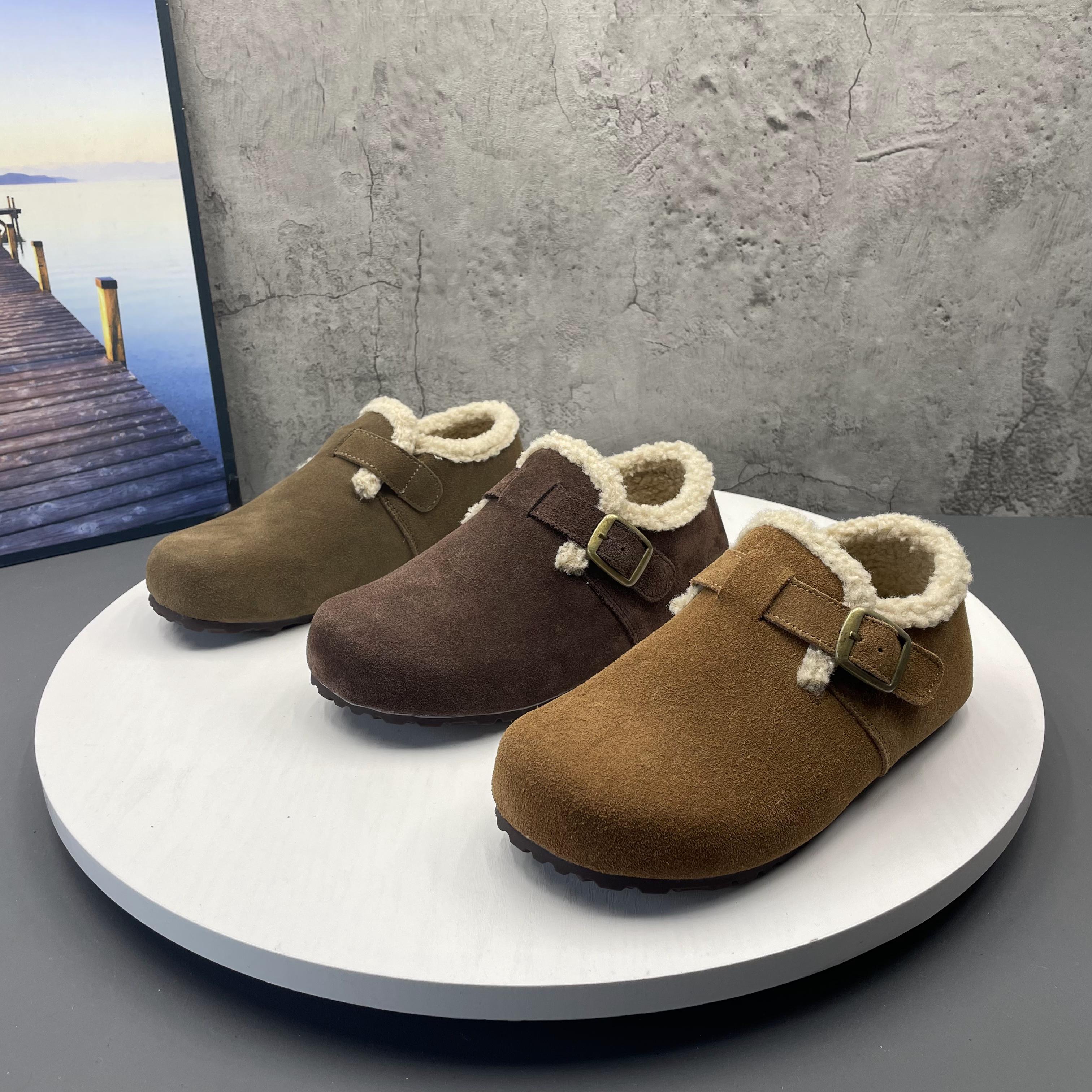 全真皮加绒保暖羊羔勃肯鞋女2024新款冬季一脚蹬豆豆鞋博肯女棉鞋