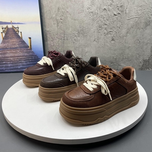 高品质牛皮纯皮复古德训鞋女2024新款双鞋带拼接休闲运动阿甘鞋女