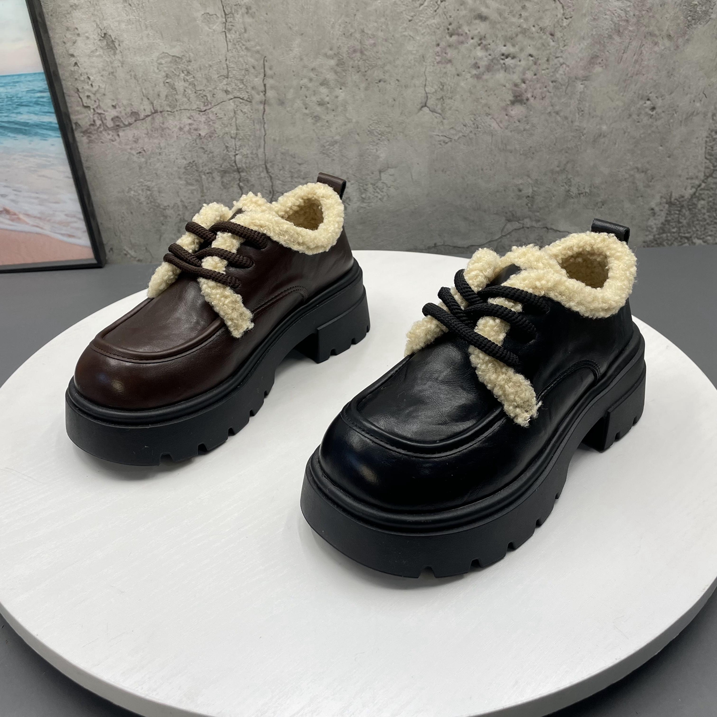 2025秋冬季新款撤柜断码圆头系带粗跟中跟加绒保暖英伦深口女棉鞋