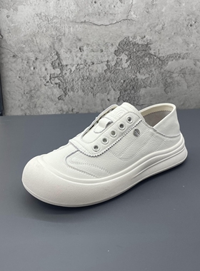 2025秋季新款撤柜断码真皮圆头一脚蹬小白鞋平底可脚踩女鞋板鞋潮