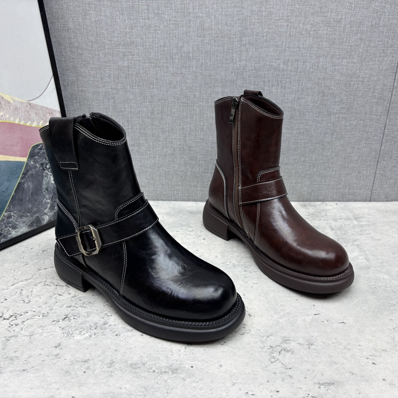 2025秋冬季新款撤柜折扣真皮时尚中跟女单靴牛皮英伦风马丁靴短靴