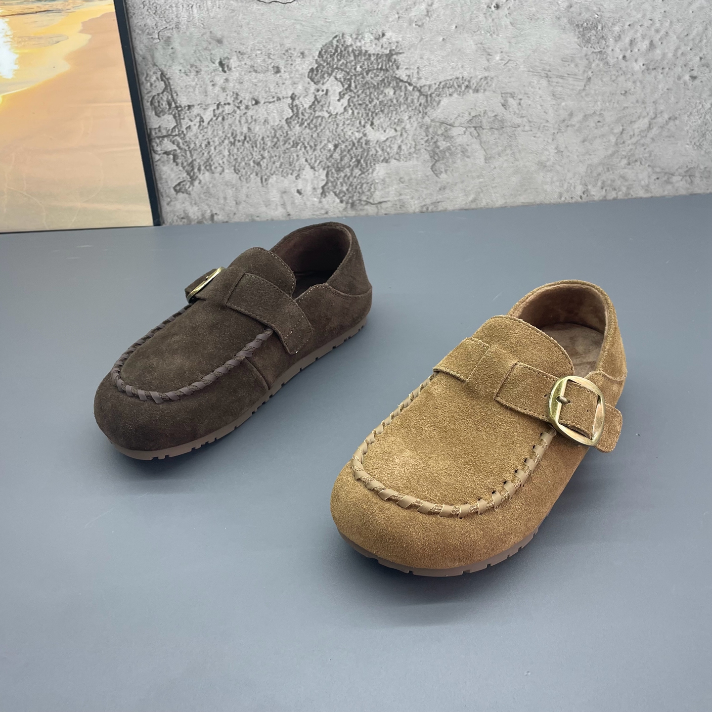 2025撤柜断码秋季新款真皮圆头套脚内增高绒里勃肯鞋牛反绒女单鞋