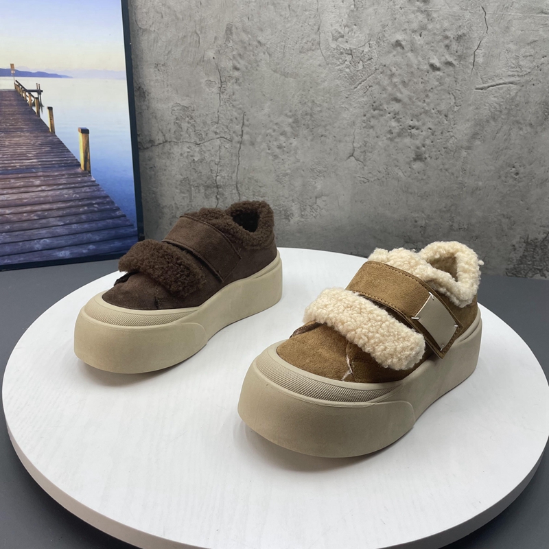 2025新款加绒秋冬羊羔毛魔术贴美拉德大头厚底软底休闲板鞋面包鞋