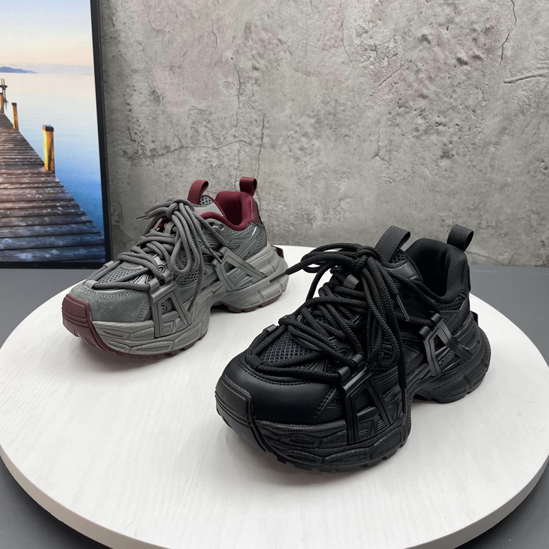 撤柜断码2025春季新款真皮圆头系带厚底耐磨运动鞋老爹鞋女鞋子