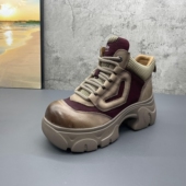 女鞋 撤柜断码 真皮圆头系带松糕厚底增高绒里高帮鞋 新款 2025秋冬季