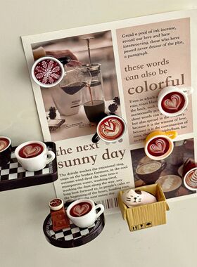 可爱ins盒子小猫冰箱贴磁吸迷你仿真咖啡杯磁力贴创意装饰小磁铁