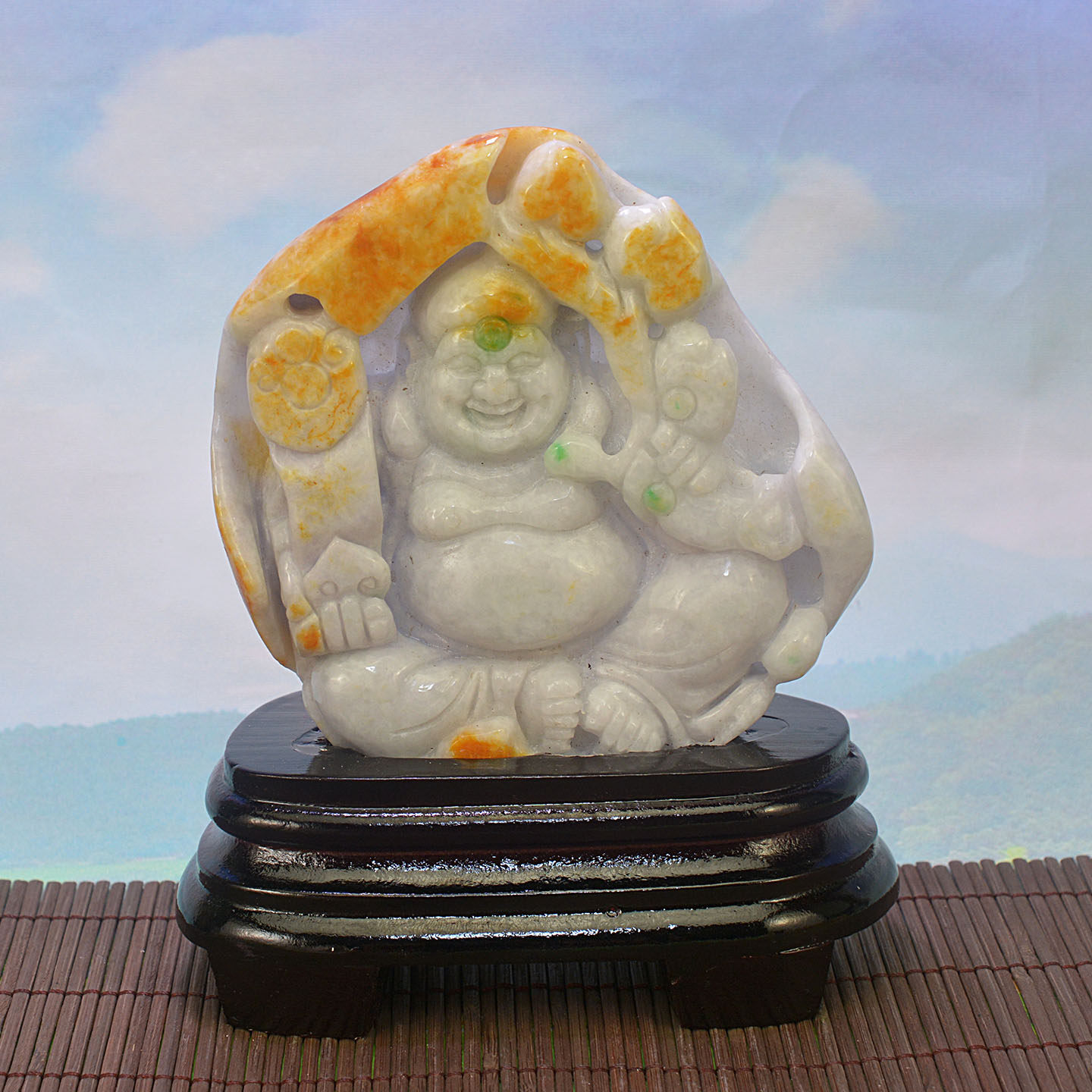 天然翡翠俏色精雕招财如意弥勒佛禅意大肚笑佛家居摆件玉石佛送福