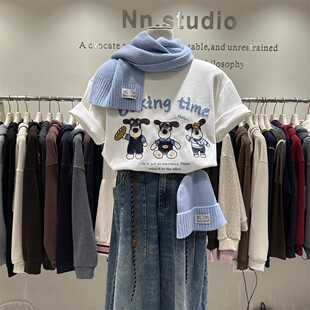 韩版卡通刺绣宽松显瘦大版打底衫上衣重工内搭短袖T恤女秋冬新款