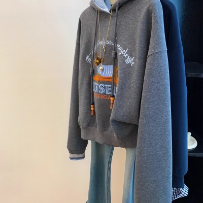 灰色美式复古小狗刺绣连帽卫衣女秋冬宽松慵懒风小个子短款上衣潮