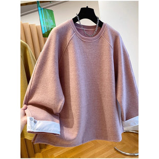 韩系磨毛粉色加绒卫衣女冬2025新款宽松衬衫袖口拼接套头圆领上衣