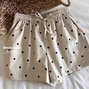 复古森系文艺系带松紧腰波点休闲裤子女夏季新款百搭显瘦阔腿短裤
