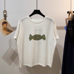 胖mm200斤上衣服 韩系慵懒风宽松显瘦雪花棉大码 短袖 t恤女夏季 新款