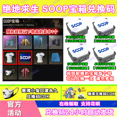 PUBG绝地求生SOOP直播掉宝宝箱白T恤吃鸡赛博口罩名片CDK兑换码