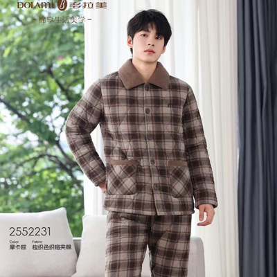 多拉美 冬季男士格子梭织格加厚加绒夹棉保暖睡衣家居服套2552231