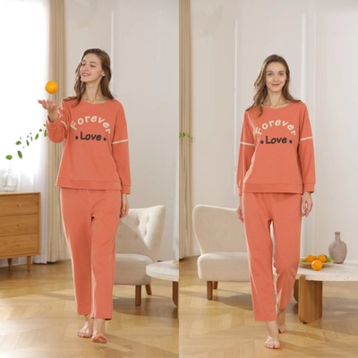 多拉美 秋冬款外穿圆领套头女士简约加厚针织棉睡衣家居服套33251