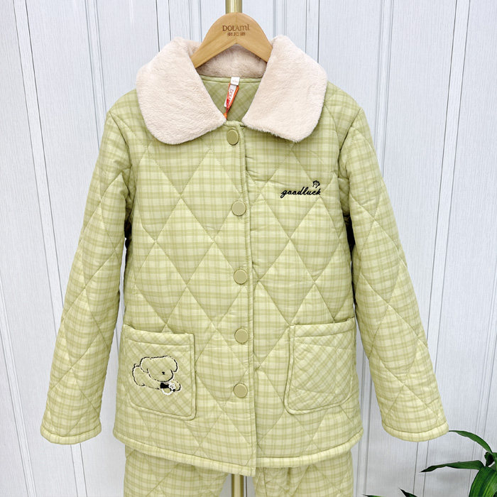 多拉美 冬季女士梭织格子三层夹睡衣/家居服套装