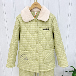 特价多拉美冬季女士梭织格子三层夹棉加绒加厚修身家居服睡衣