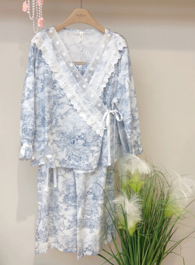 安杜拉 女士春季长袖V领莱赛尔天丝薄款对襟家居服睡衣套装61523