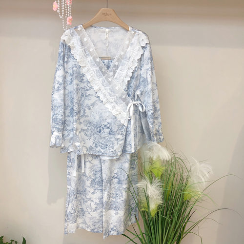 安杜拉 女士春季长袖V领莱赛尔天丝薄款对襟家居服睡衣套装61523